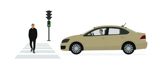 A male character is walking on a pedestrian crossing on a green traffic light signal in front of a car with a driver on a white background