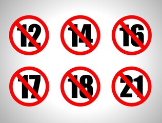 Adults content only age restriction 12, 14, 16, 17, 18, 21 under  years old icon signs set  vector illustration