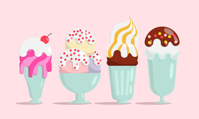 A set of different flavors of ice cream in beautiful bowls. Cartoon icons set. Dishes for ice cream. Various favorites, colors and shapes. Delicious, refreshing summer dessert. Ice cream cafe set