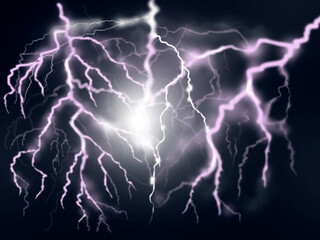 Flash of lightning, electrical discharges on a dark background. Thunderstorm