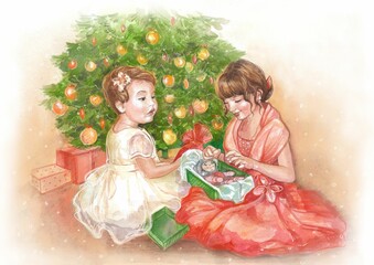 The girls are unpacking presents. New Year and Christmas. Children with toys under the Christmas tree. Watercolor illustration for postcards.