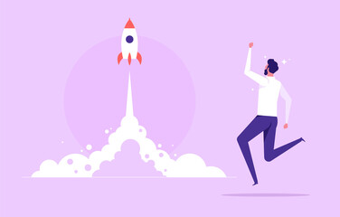Businessman launches rocket into the sky. Business startup concept vector flat illustration. Employee oversees the takeoff of a spaceship. Business startup concept