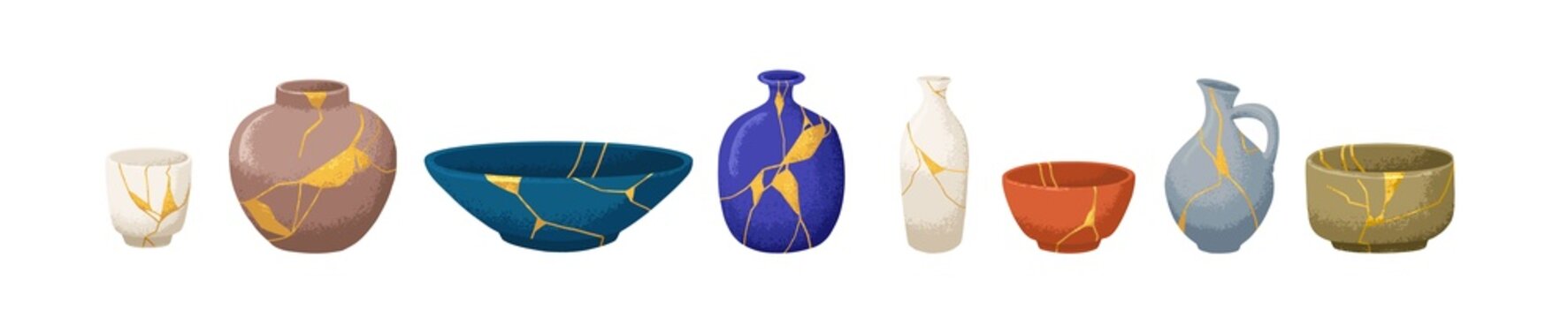 Kintsugi ceramics. Reborn pottery from broken tableware, repaired with gold line patterns. Vintage Japanese vases, bowls set. Colored flat graphic vector illustrations isolated on white background