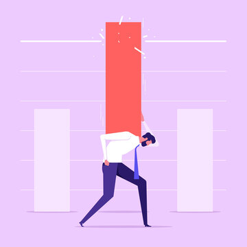 Man crushing ceiling by upward arrows. Concept of breaking limits, exceeding boundaries, overcoming obstacles, business progress and development. Flat vector illustration 