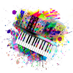 colorful music background with synthesizer, top view