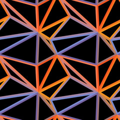 Abstract geometric seamless pattern. Bright orange and blue 3d lattice on black background. Low polygonal surface. Technology, construction, triangle grid