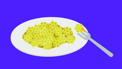 Pasta in the form of a honeycomb in a plate with a fork