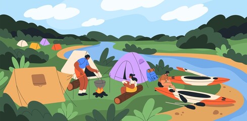 Tent camp with campers cooking food with bonfire at river bank. People resting in nature outdoors. Summer landscape with tourists at campsite, campground on vacations. Flat vector illustration - obrazy, fototapety, plakaty