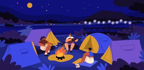 Naklejka premium Night tent camp with people sitting around fire. Campers resting in nature on summer holidays, playing guitar, singing songs at campfire. Tourists friends at bonfire outdoors. Flat vector illustration