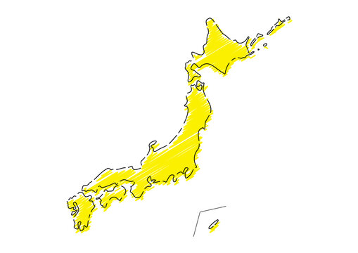 ラフな手描きの日本列島　黒主線　黄色