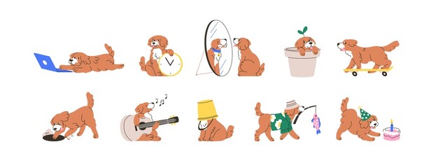 Cute dog set. Business, psychology concepts. Funny animal with hobby, work, life activities. Happy puppy and time management, fishing, playing. Flat vector illustrations isolated on white background