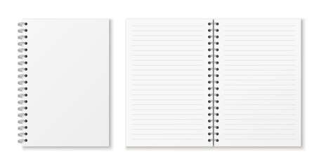 Mockup blank lined notebook  isolated on white background. Spiral copybook or organizer.