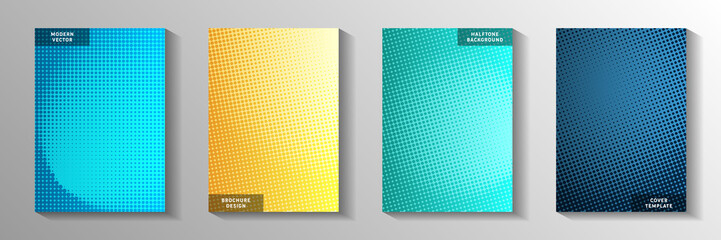 Flat dot screen tone gradation title page templates vector collection. Scientific journal faded