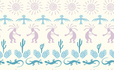 Kokopelli with flute, pangolin, hawk, sun symbol, hands and plant tribal vector seamless pattern.