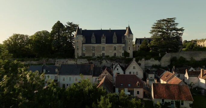 Aerial view of the castle of Montr&eacute;sor during sunset in France.