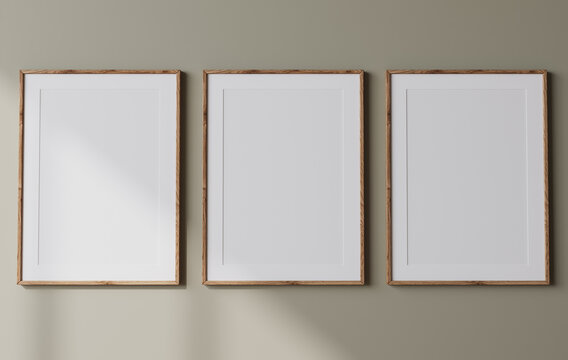 Frame mockup, three posters on green wall interior background, minimal design, 3d render