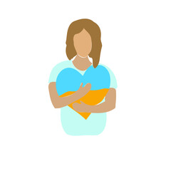 Obraz premium The girl hugs a heart in the blue and yellow colors of the Ukrainian flag
