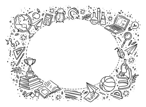 Vector doodle frame Back to school with school supplies on isolated background.