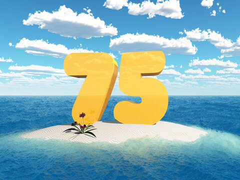 Die Zahl 75 auf einer Insel im Meer