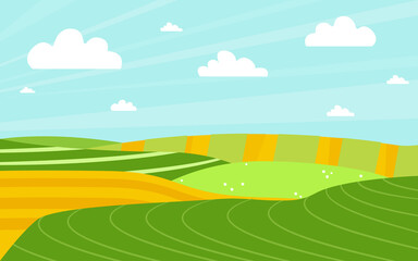 Green meadow, agricultural fields. Panorama background. Bright cartoon illustration. Background for the design of packaging, covers, postcards. Vector cartoon illustration, flat