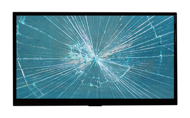 Cracks on a blue broken screen of a liquid crystal display, pc computer monitor or TV television...