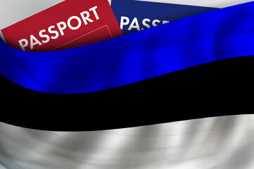 Estonian flag background and passport of Estonia. Citizenship, official legal immigration, visa, business and travel concept.