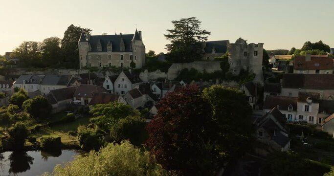 Aerial view of the castle of Montr&eacute;sor during sunset in France.