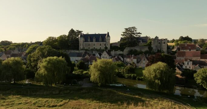 Aerial view of the castle of Montr&eacute;sor during sunset in France.