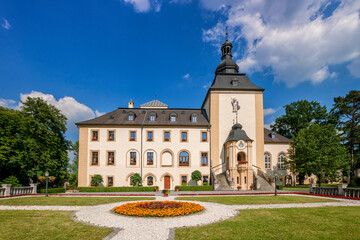 Fototapeta na wymiar A late-baroque palace from the 17th/18th centuries with the sanctuary of Saint Jack. Kamień Śląski, Opole Voivodeship, Poland.