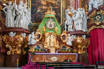 Altar and interior of the Basilica of the Assumption of the Blessed Virgin Mary. Krzeszów, Lower Silesian Voivodeship, Poland.