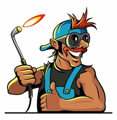 Cartoon style man character, car mechanic with the baseball cap and vintage safety glasses, holding the gas welding torch.
