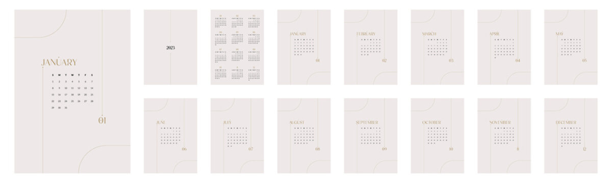 full calendar 2023 Sunday start, a4 format, modern minimalist print