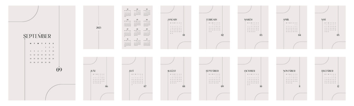 Full Calendar 2023 Monday Start, A4 Format, Vector, Modern Minimalist Print