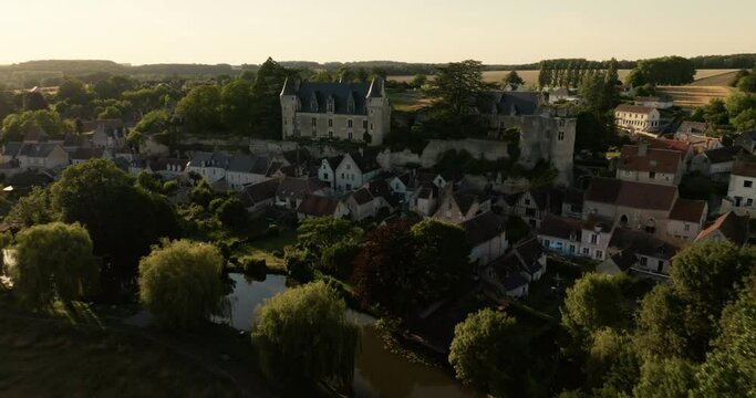 Aerial view of the castle of Montr&eacute;sor during sunset in France.