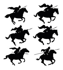 Knights are jumping. Object set. Scenery silhouette. Medieval warriors with spears and in armor ride horses. Isolated on white background. Vector