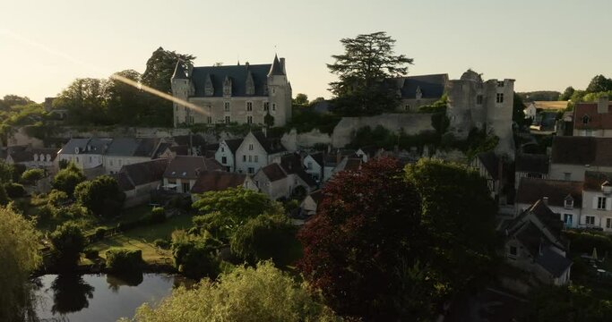 Aerial view of the castle of Montr&eacute;sor during sunset in France.