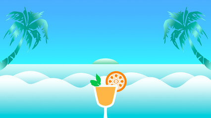 オレンジの飲み物と青空と海の夏のバックグラウンド