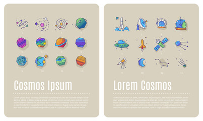 poster about space with planets and rockets. astronaut and science. line art icon set