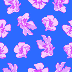 Fototapeta na wymiar Simple seamless pattern with flowers oleander on blue background 