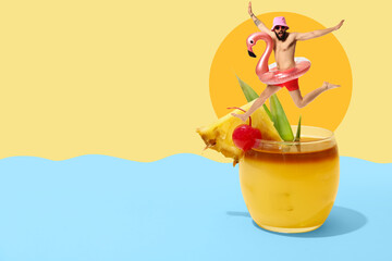 Collage with glass of tasty cocktail and funny jumping man with inflatable ring on color background
