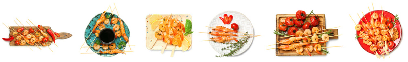 Set of tasty grilled shrimp skewers on white background, top view