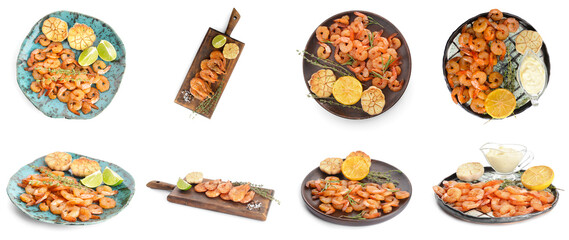 Set of tasty cooked shrimps on white background