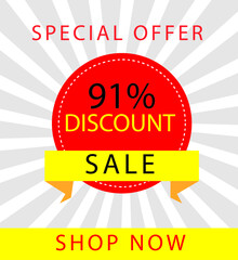 Sale special offer 91% off sign, 91 percent Discount sale minimal banner vector illustration