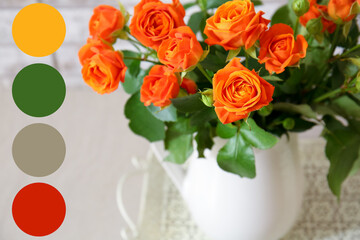 Vase with beautiful orange roses on table, closeup. Different color patterns