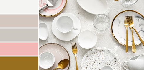 Many stylish tableware on light background. Different color samples