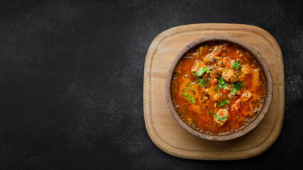 Georgian national dish Ojakhuri, in a clay plate