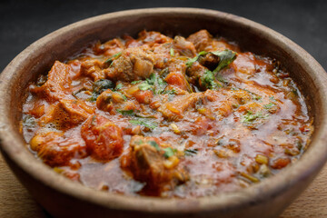 Georgian national dish Ojakhuri, in a clay plate