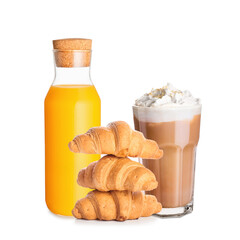 Glass of tasty latte with nuts on white background
