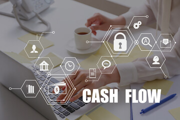 Businesswoman using laptop in office. Cash flow
