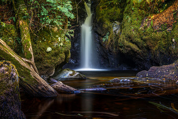 Black Spout waterfall in Fin Glen in the Campsie Fells near the village of Clachan of Campsie,...